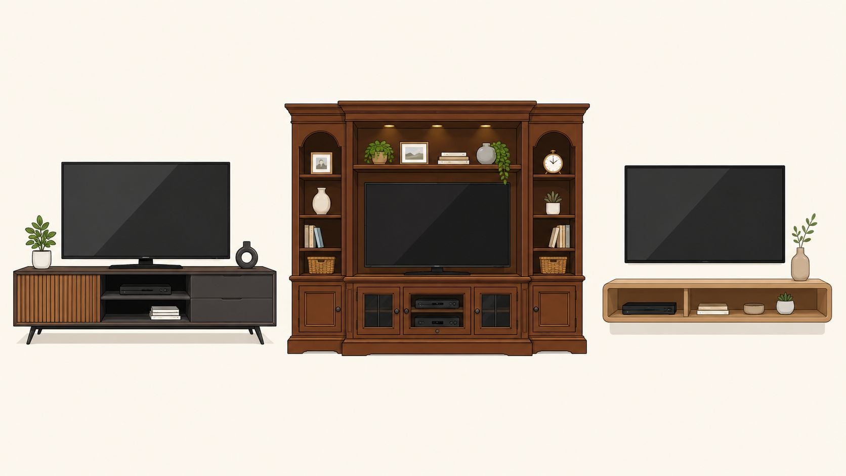 A digital illustration showing three different styles of living room furniture for TV consoles and shelving units.
