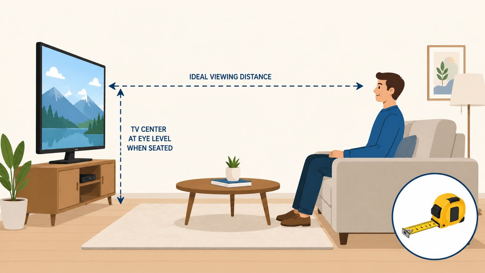 An illustration showing a person sitting on a sofa, measuring the ideal viewing distance for their television.