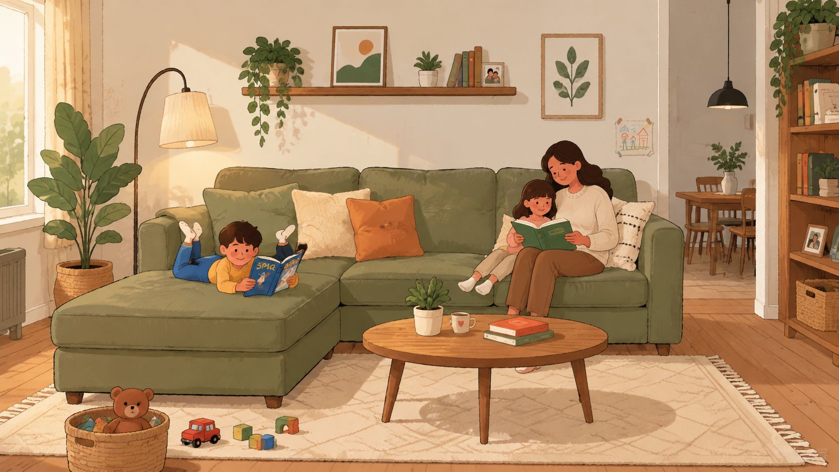 A mother reading to her daughter on a green sofa while a boy reads on the chaise.