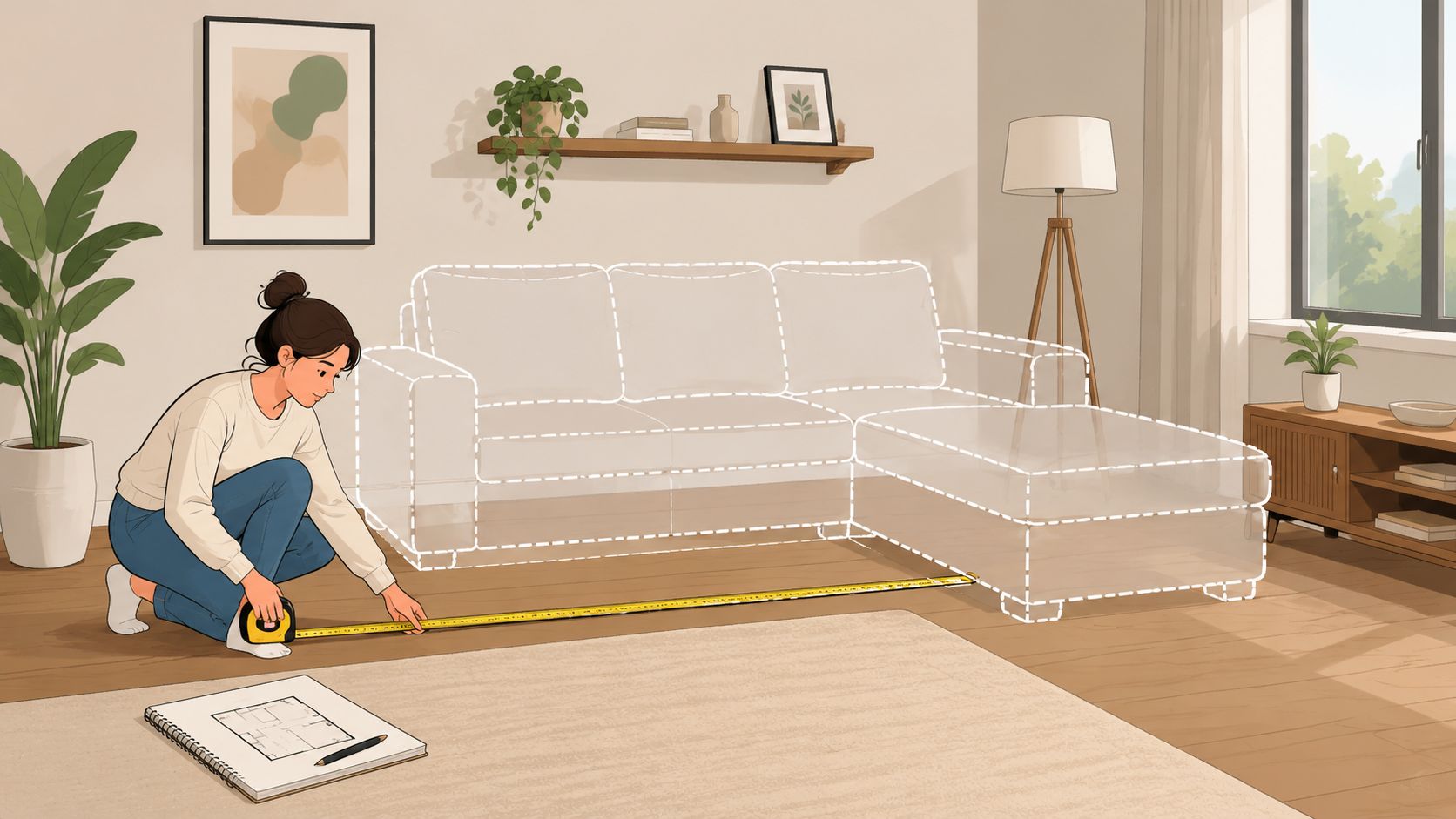 A woman measuring the floor space for a new sectional sofa with a chaise in a living room.