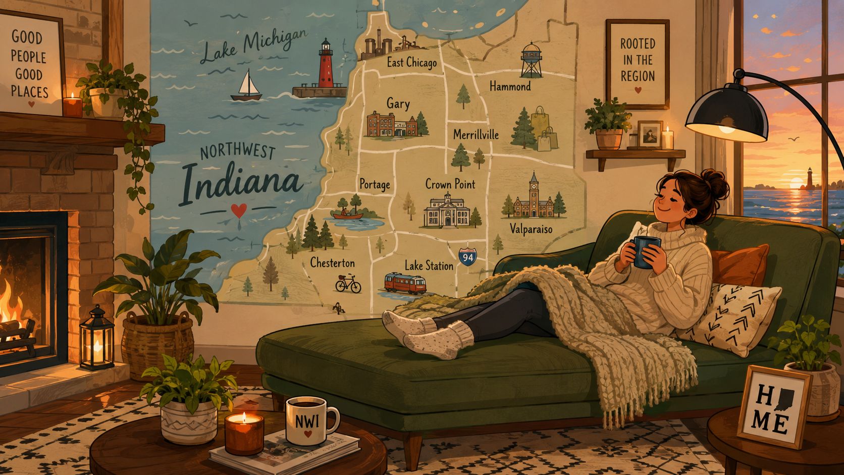 A cozy living room featuring a person resting on a green sofa with a Northwest Indiana map.