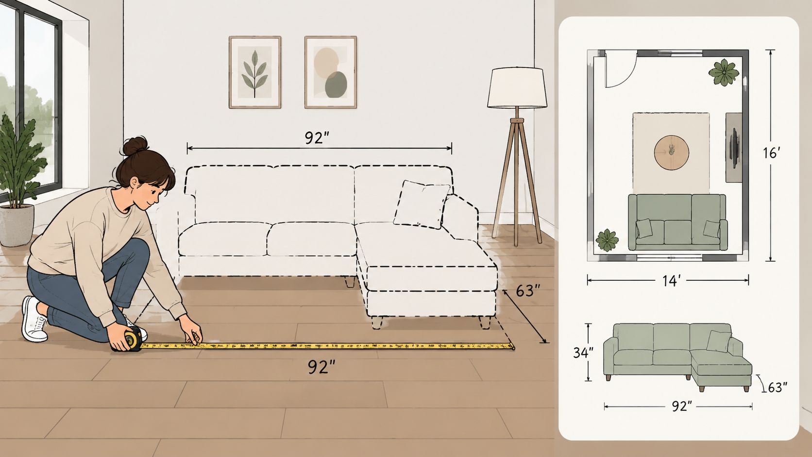A woman measuring the floor space for a sectional sofa with a chaise in a living room.