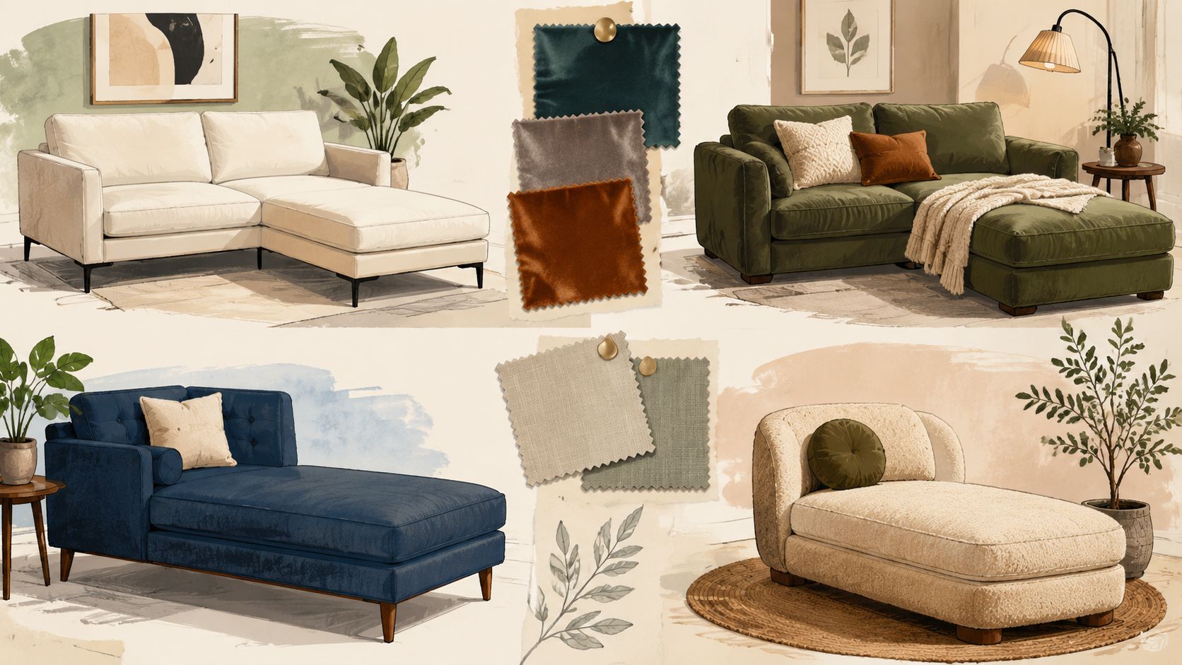 A design concept collage showcasing various styles of living room sofas with chaises and fabric swatches.