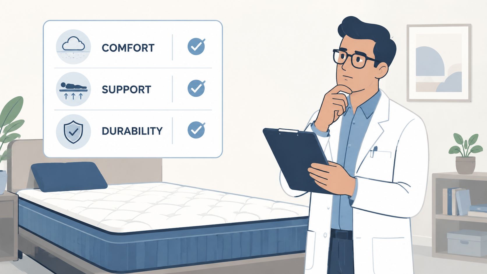 A professional doctor standing next to a mattress with a checklist showing comfort, support, and durability.