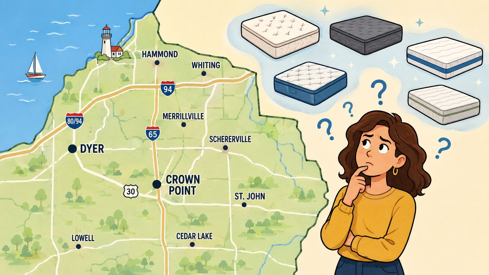 A woman contemplating different mattress types overlaid on a map of Northwest Indiana cities and highways.