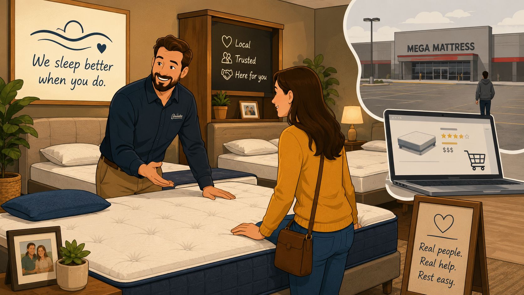 A friendly mattress store owner helping a customer compare local service with large retail mattress brands.