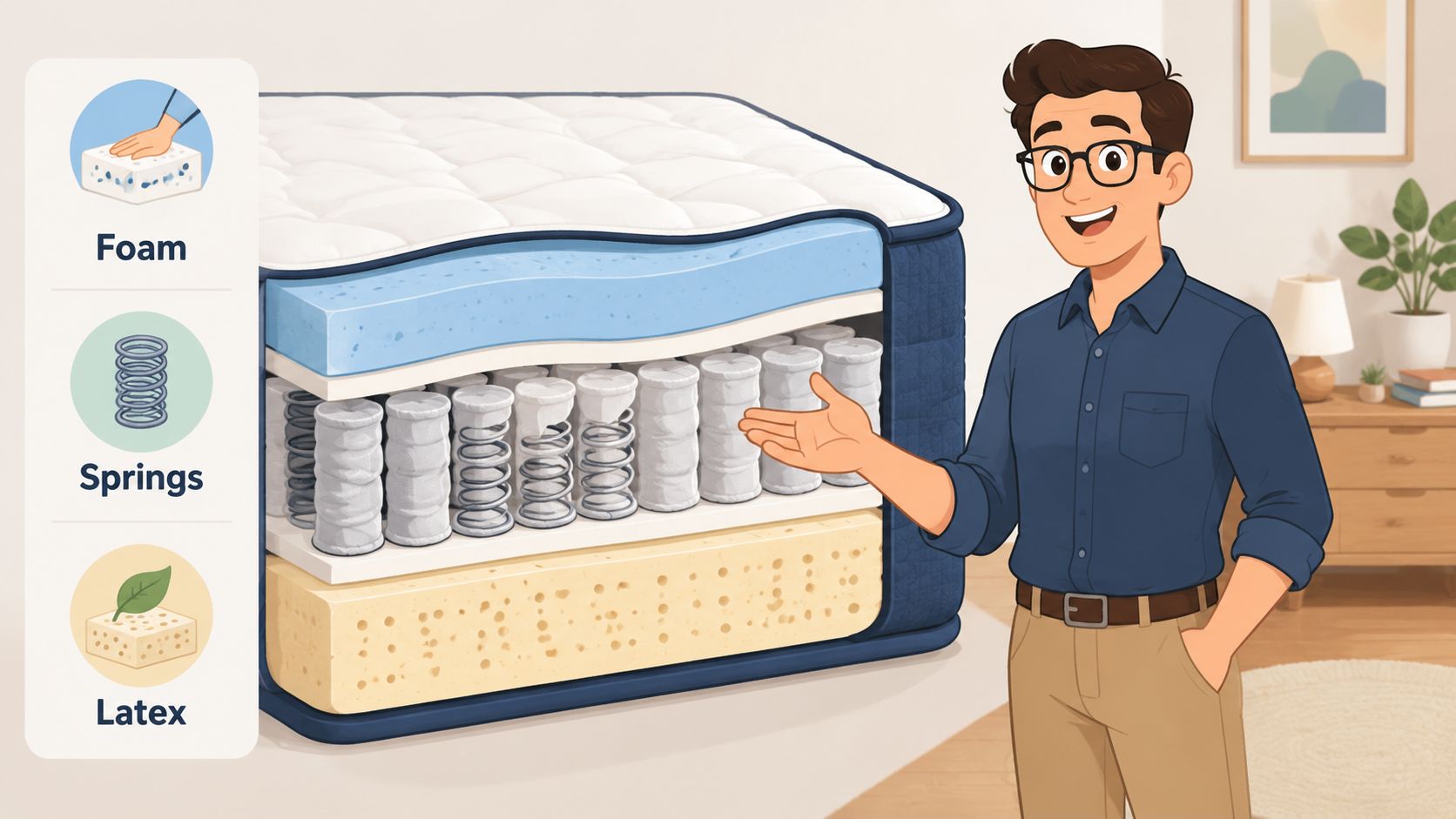 A friendly man standing next to a mattress cross-section showing foam, spring, and latex internal layers.