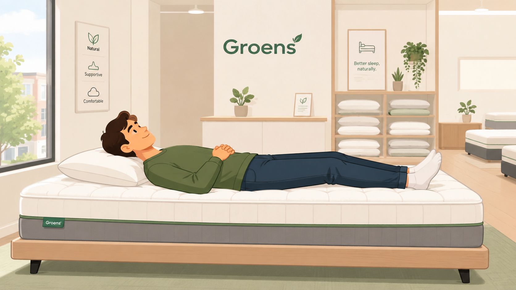 A relaxed man lying on a comfortable mattress in a modern, naturally lit bedroom showroom.