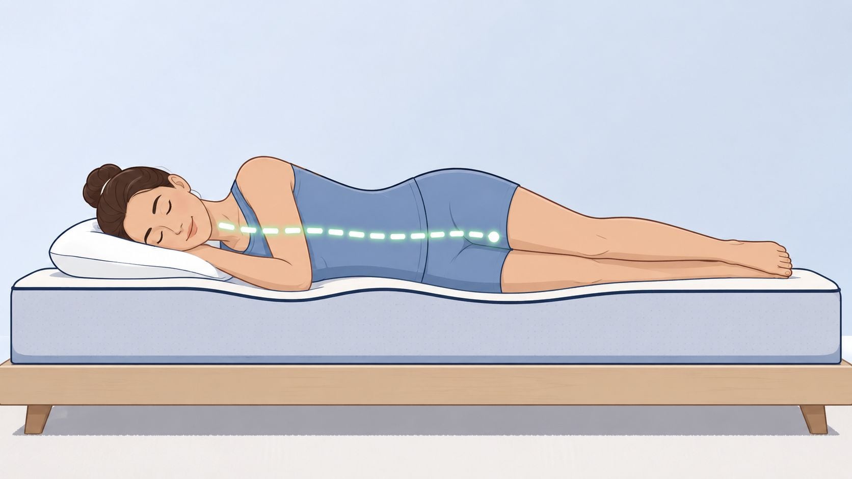 A side view of a woman sleeping comfortably on a mattress with proper spine alignment.