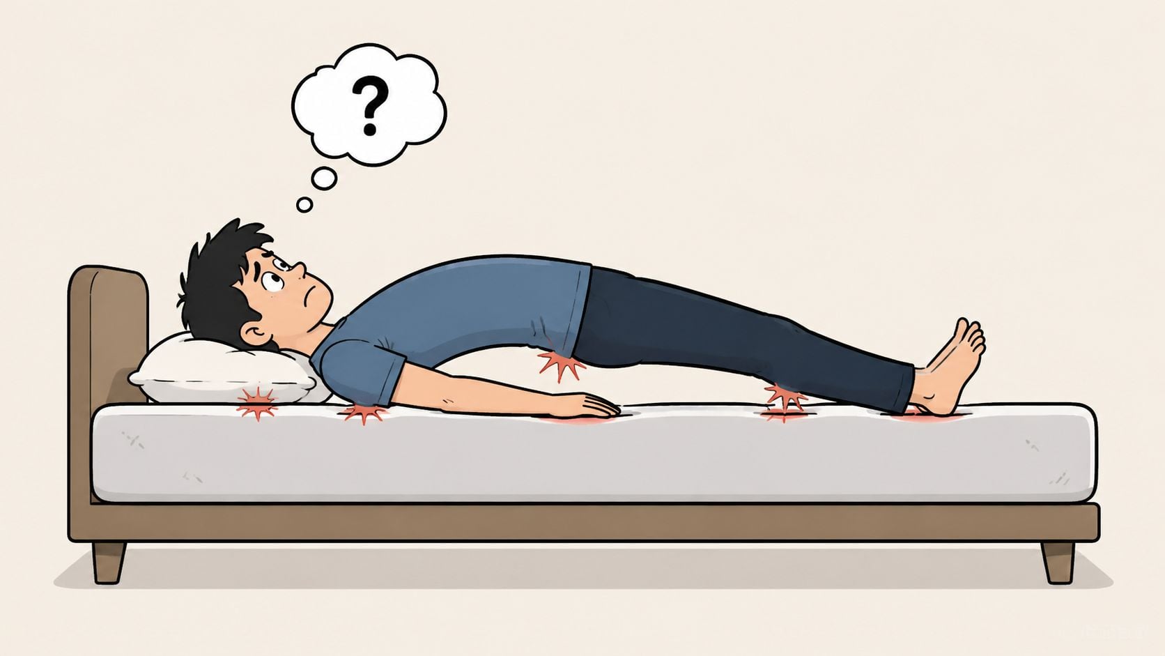 A person lying on an uncomfortable mattress experiencing pressure points and back pain while looking confused.