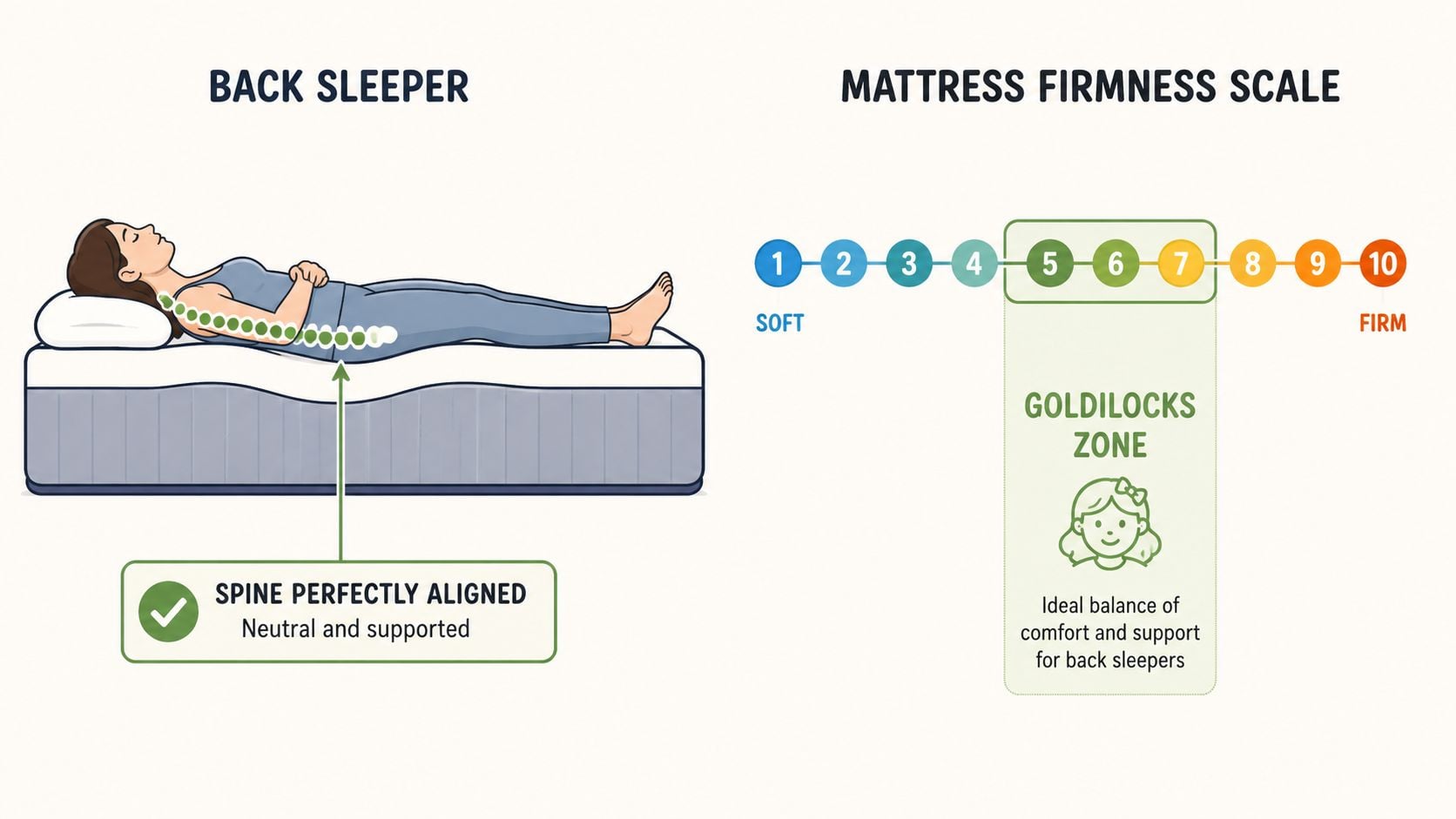 A diagram illustrating ideal mattress firmness for back sleepers to maintain perfect spine alignment while sleeping.