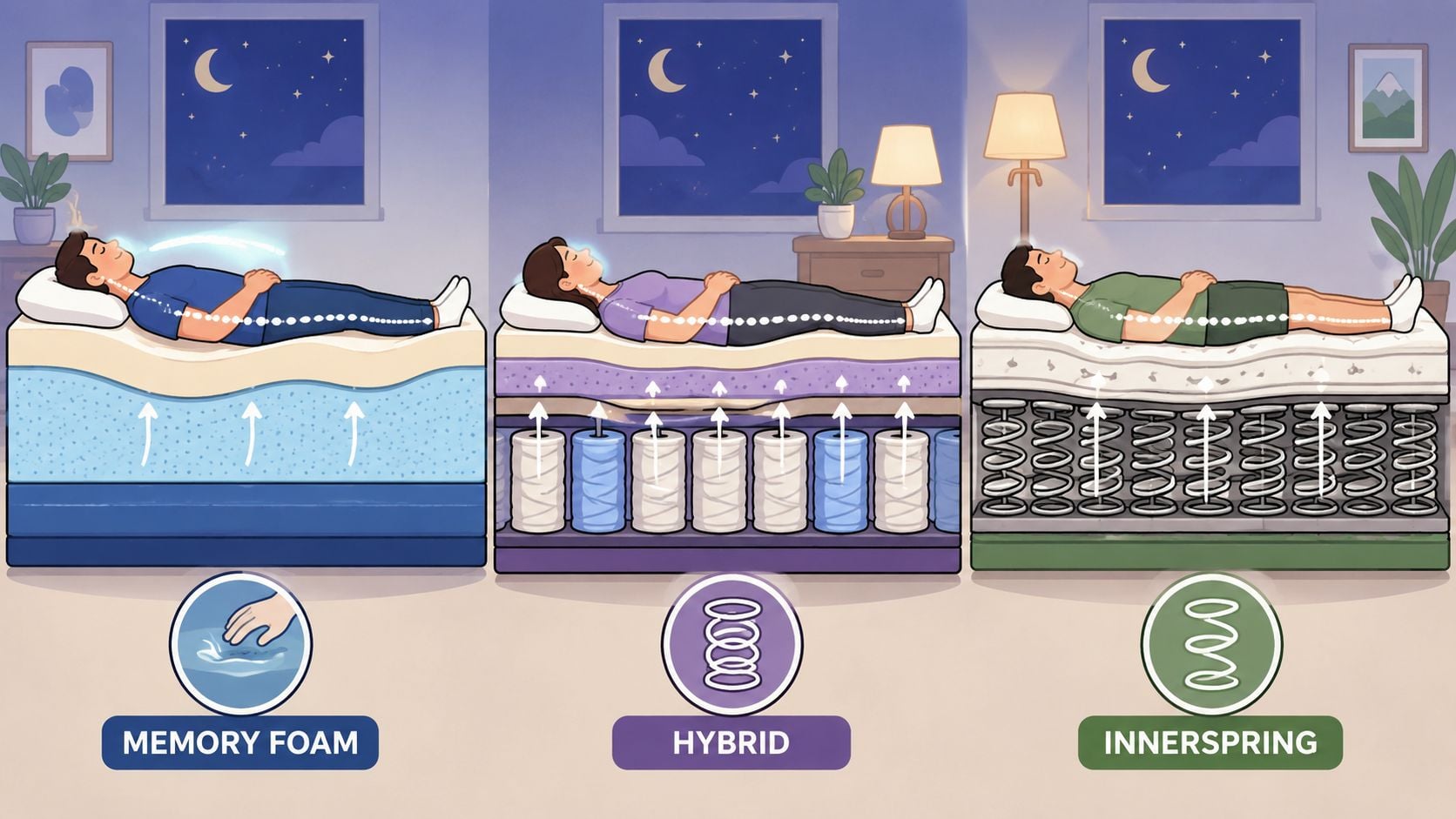 A diagram comparing the structure and support of memory foam, hybrid, and innerspring mattresses for sleepers.