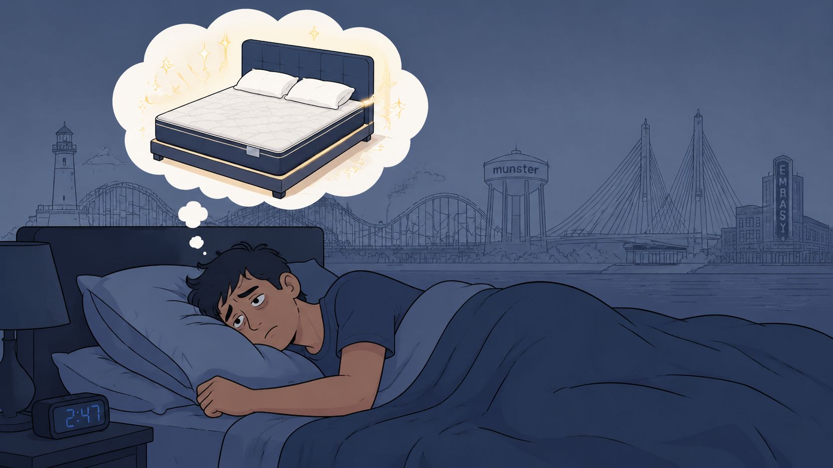 A tired person laying in bed unable to sleep while thinking about buying a new comfortable mattress.