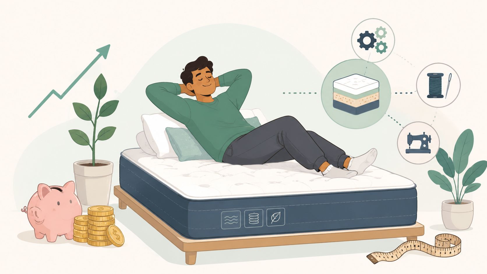 A relaxed man resting on a comfortable modern mattress surrounded by symbols of quality, savings, and craftsmanship.