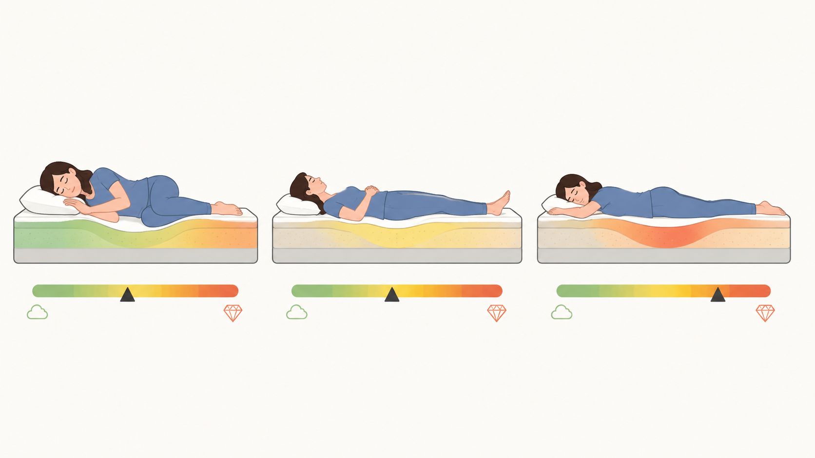A woman demonstrating how a mattress conforms to different sleeping positions including side, back, and stomach sleeping.