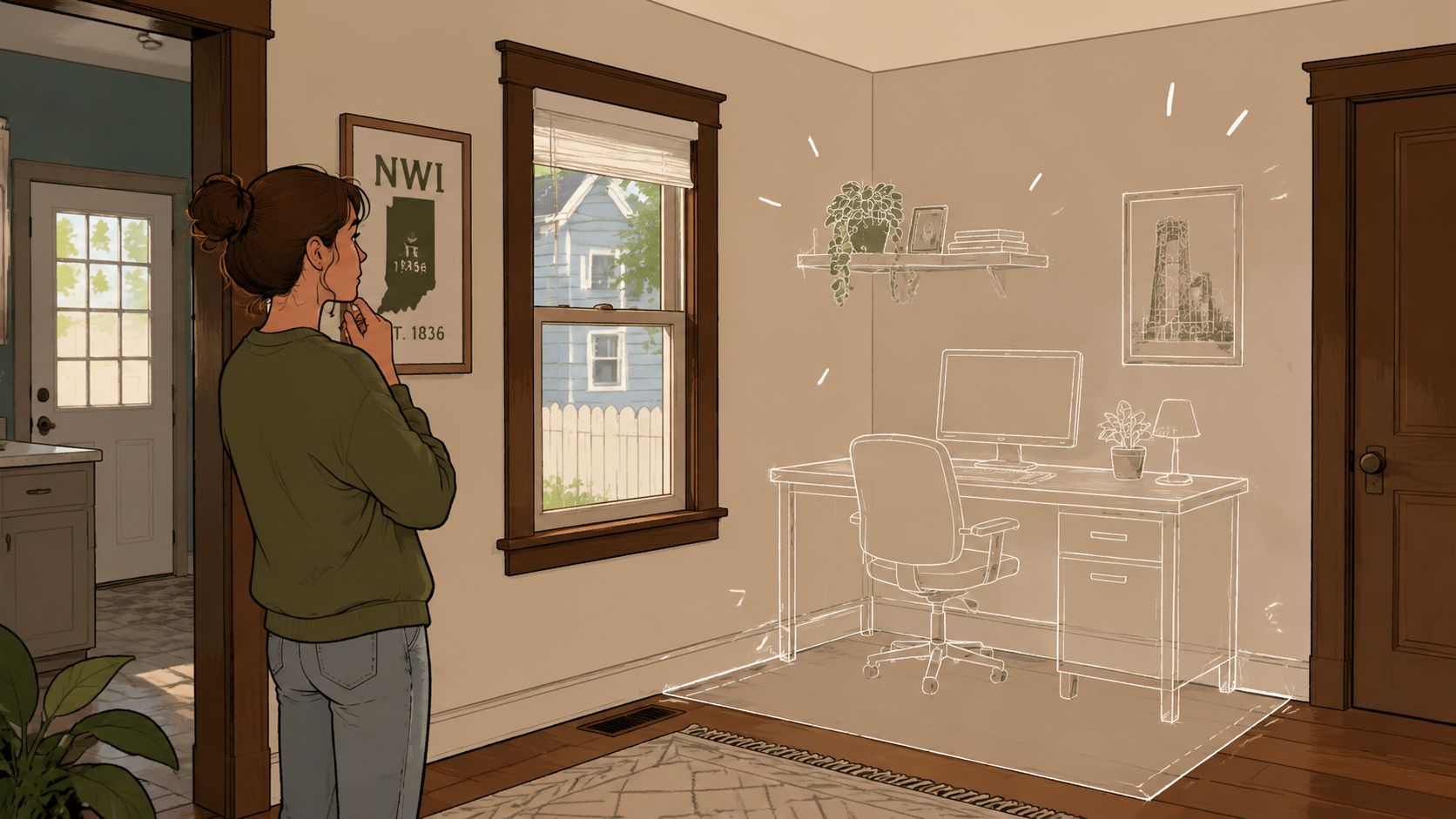 A woman looks at a sketched outline of office furniture planned for a small home space.