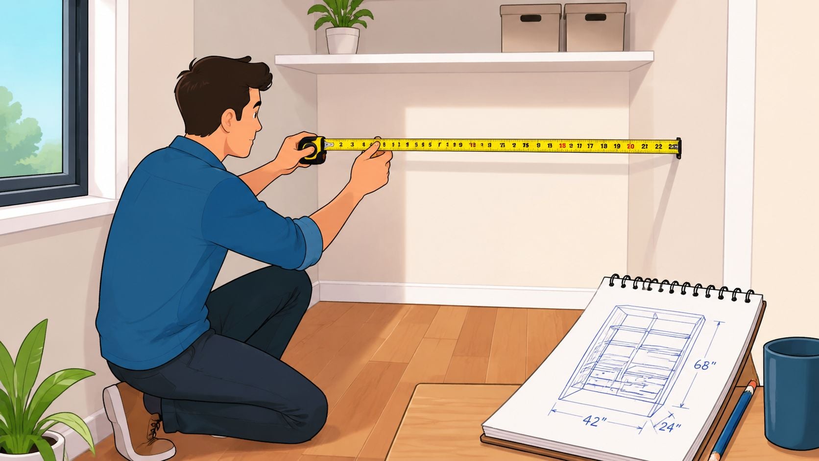 A man kneeling while using a tape measure to measure the width of a wall for furniture installation.