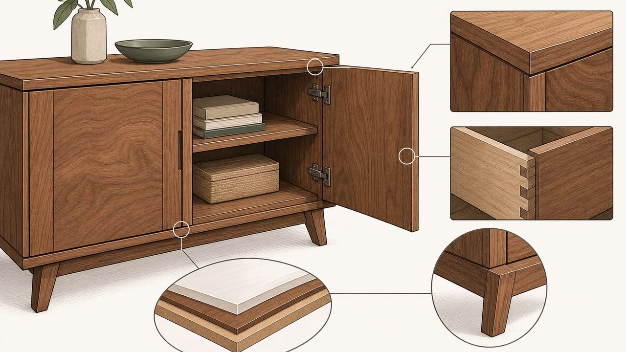 A detailed illustration of a wooden storage cabinet featuring close-ups of construction joints and high-quality materials.
