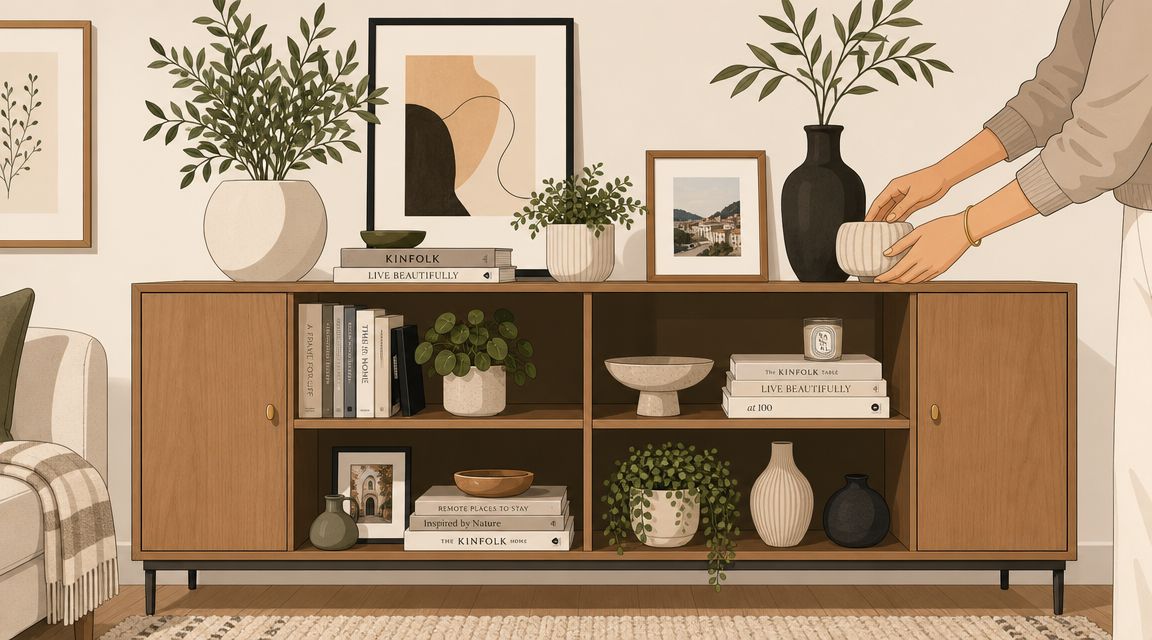 A person styling a wooden living room cabinet with books, plants, and decorative vases in a bright room.