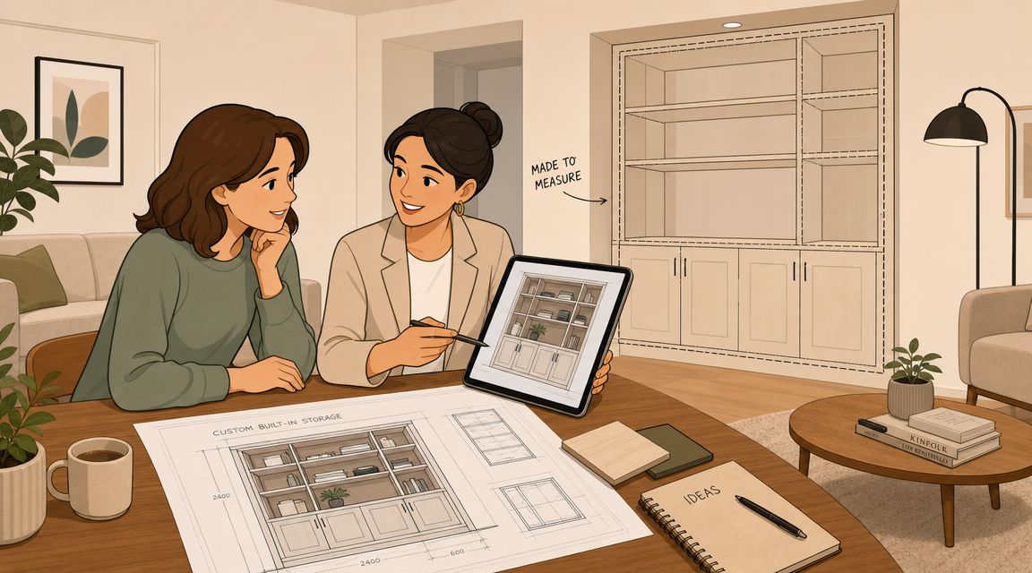 Two women reviewing custom built-in storage cabinet designs on a blueprint and tablet in a modern living room.