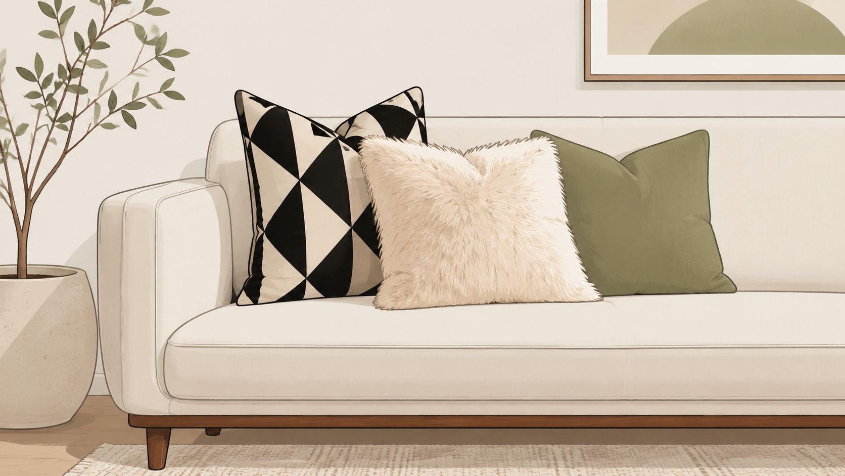 A modern sofa decorated with a mix of geometric, faux fur, and solid green throw pillows.