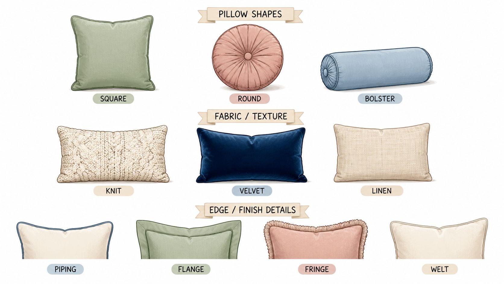 A design guide illustration showcasing various throw pillow shapes, fabric textures, and decorative edge finish details.