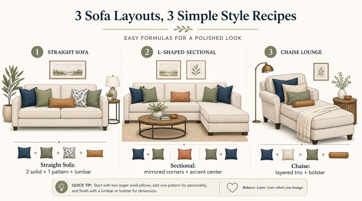 An infographic showing three different sofa cushion styling arrangements with layout tips for a polished look.
