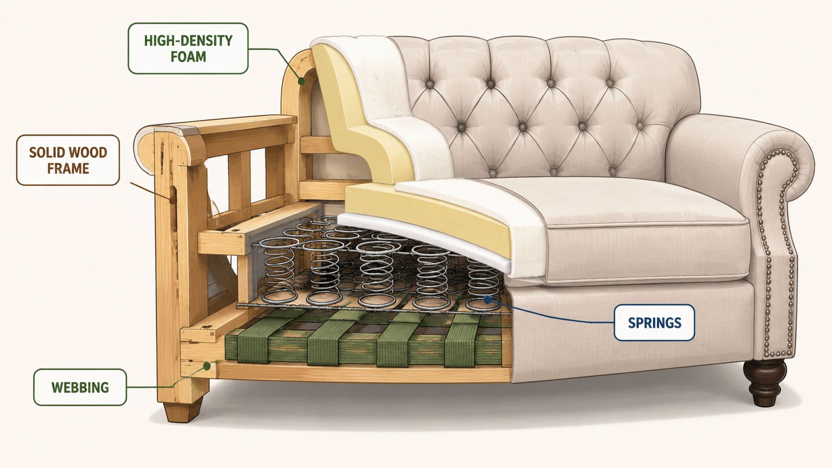 A cutaway view of a tufted back sofa displaying its internal components including wooden frame, foam, and springs.