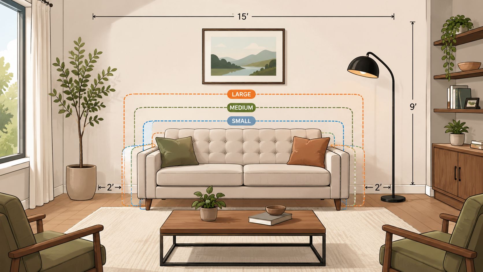 A modern living room featuring a beige tufted back sofa with size labels for wall art placement.