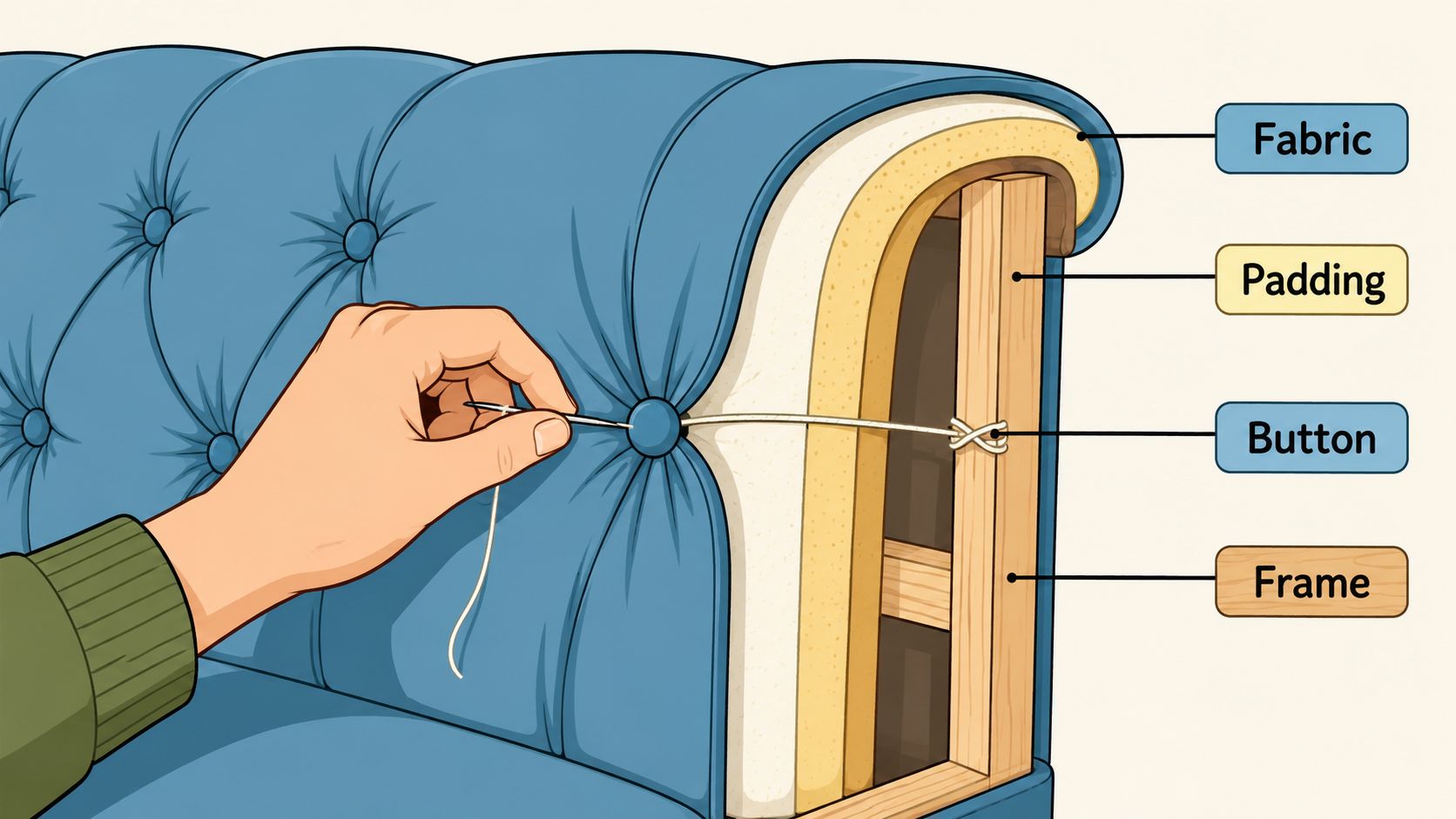 A diagram showing a cross-section of a tufted back sofa interior during the button attachment process.