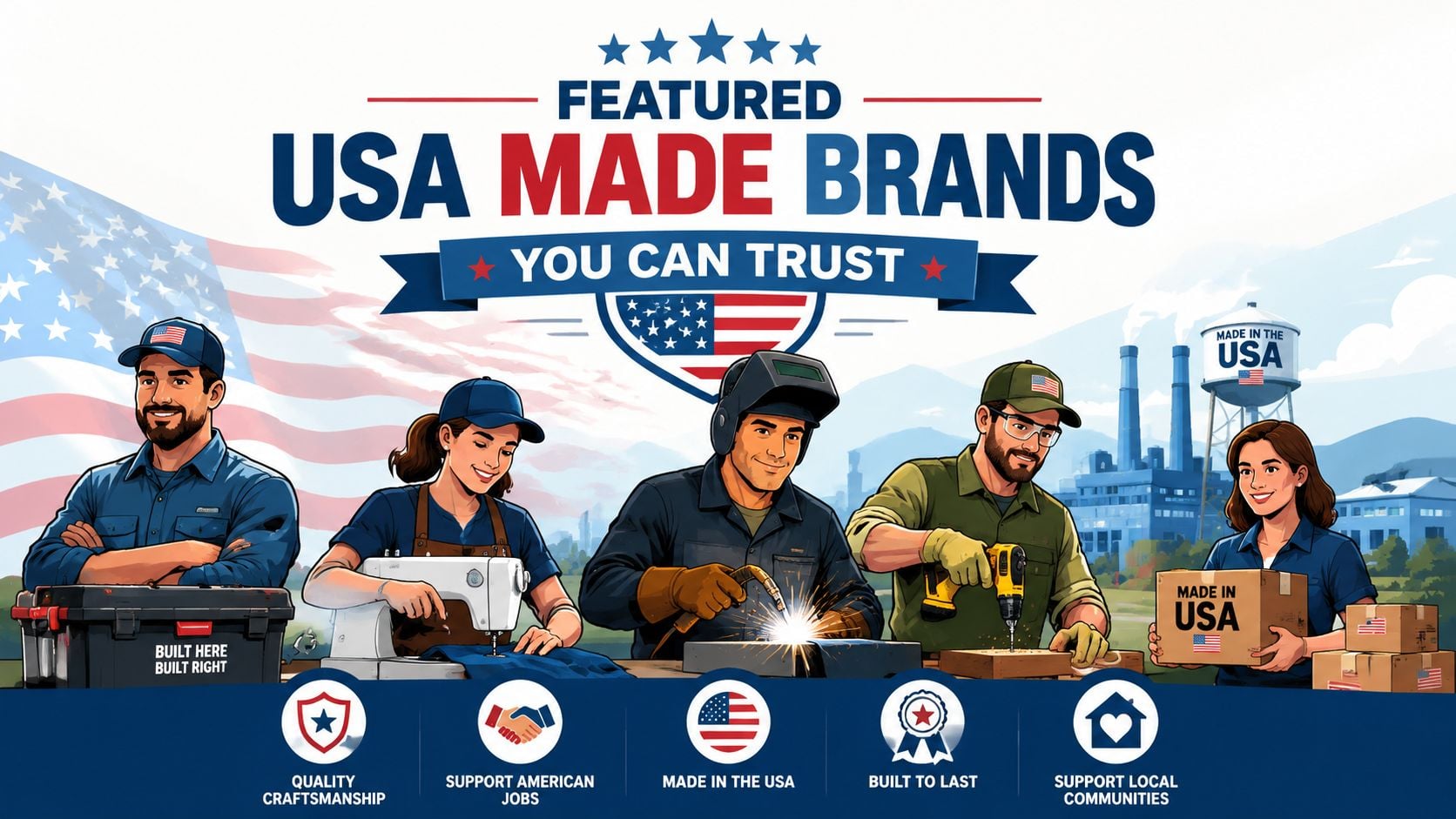 A diverse group of American workers showcasing craftsmanship with tools, sewing, welding, and quality USA-made products.