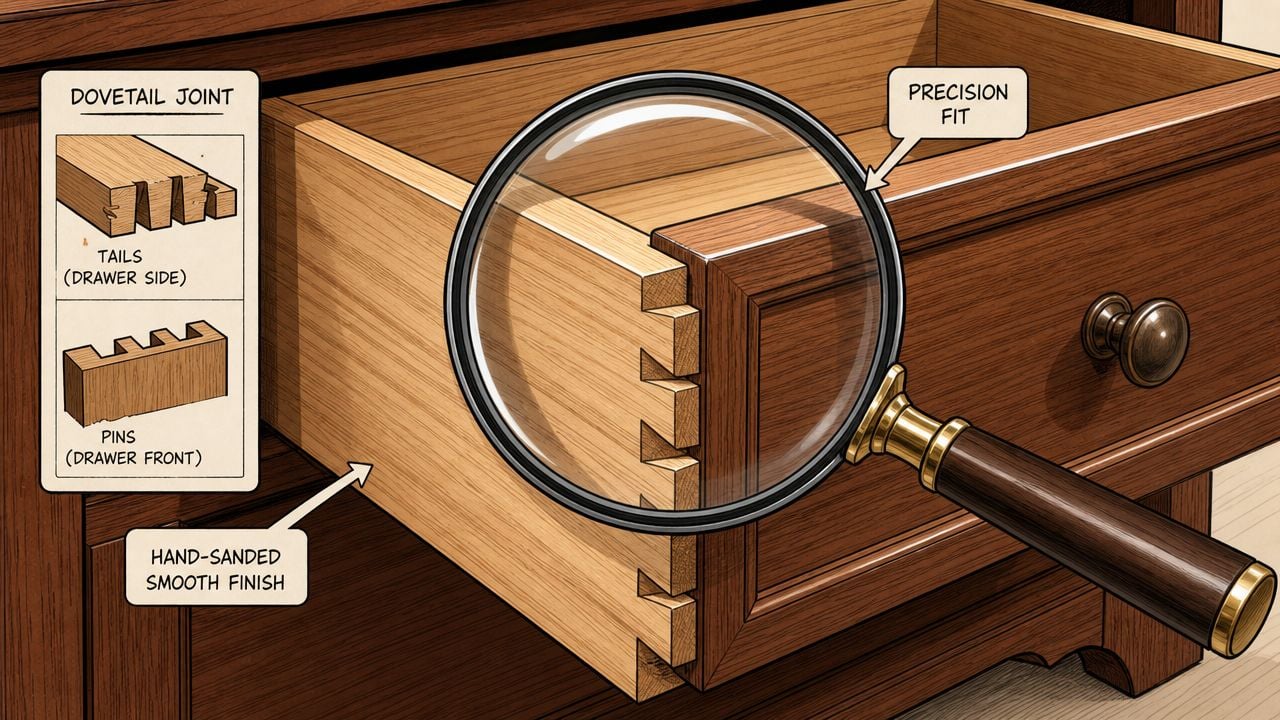 A magnifying glass highlights the precision dovetail joinery and smooth finish on a high-quality wooden drawer.