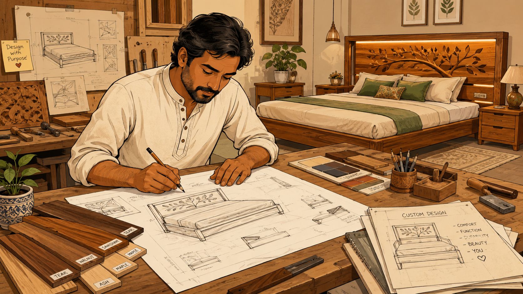 A professional furniture designer sketching custom bed frame plans at his workshop table with wood samples.