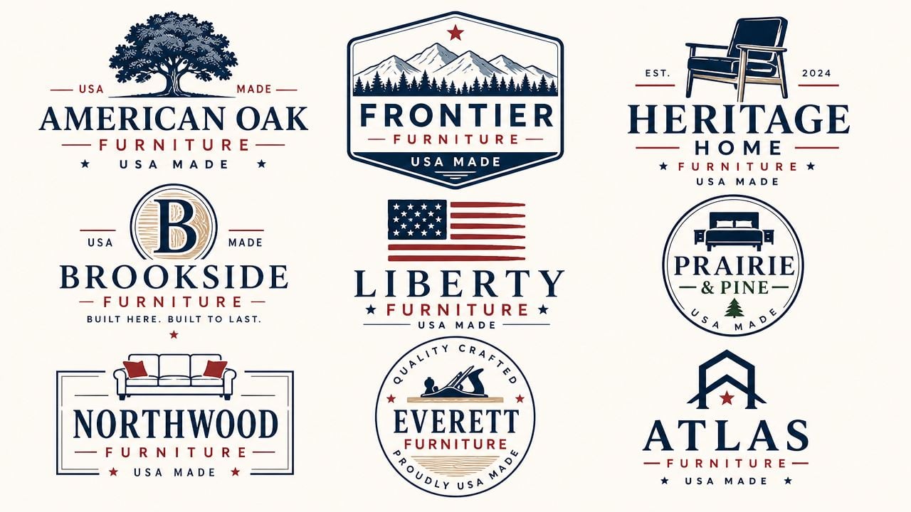 A collection of nine rustic USA made furniture logos featuring icons of trees, chairs, beds, and tools.