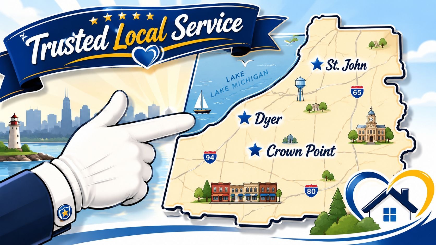 A gloved hand points to a map showing service locations in St. John, Dyer, and Crown Point.