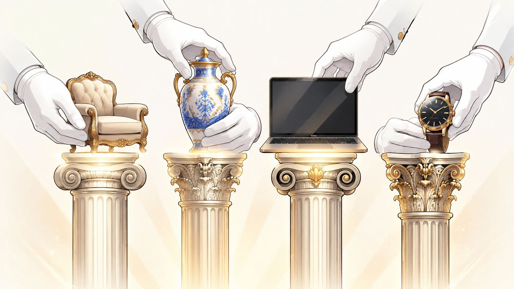 Four white-gloved hands carefully displaying luxury items including a miniature chair, a vase, a laptop, and a watch.