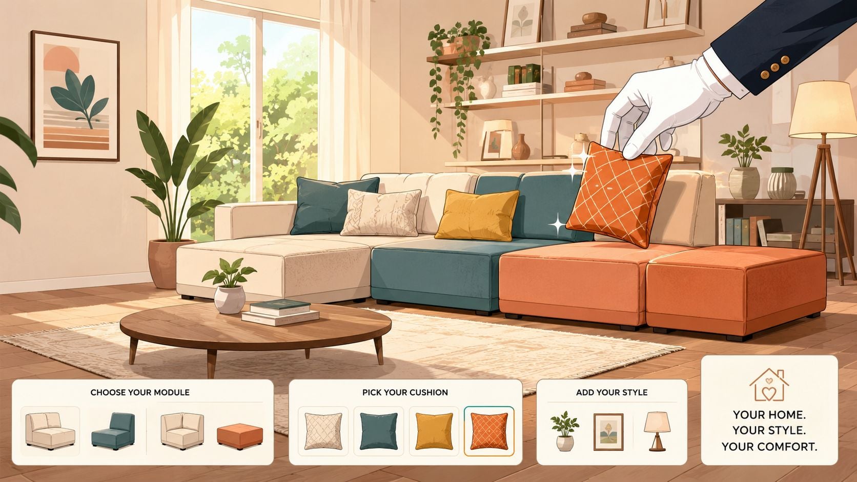 A gloved hand places an orange quilted throw pillow on a modern modular sectional sofa.