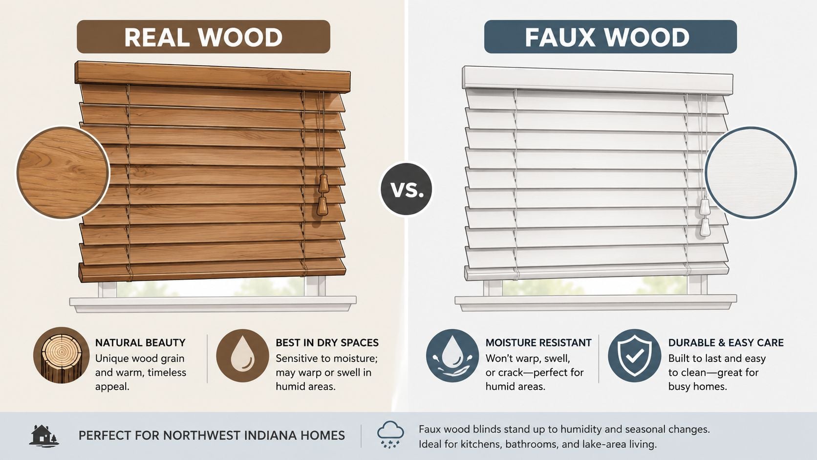 A comparison infographic between real wood blinds and faux wood blinds for home window treatments.