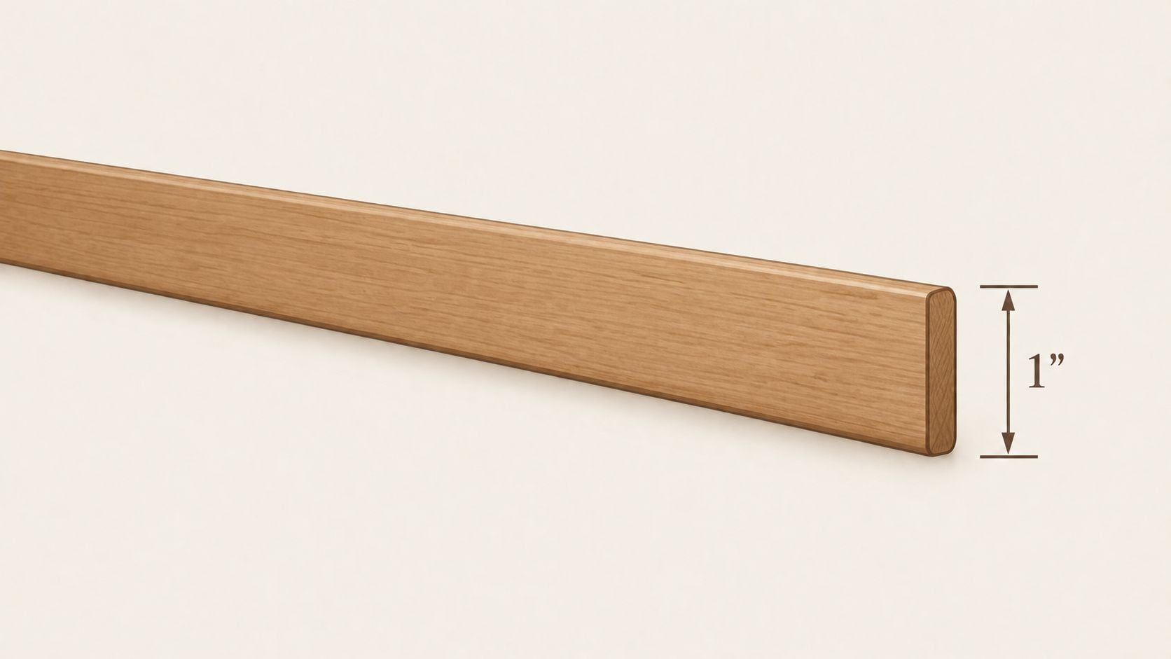 A close-up view of a single wooden blind slat measuring one inch in height against a neutral background.