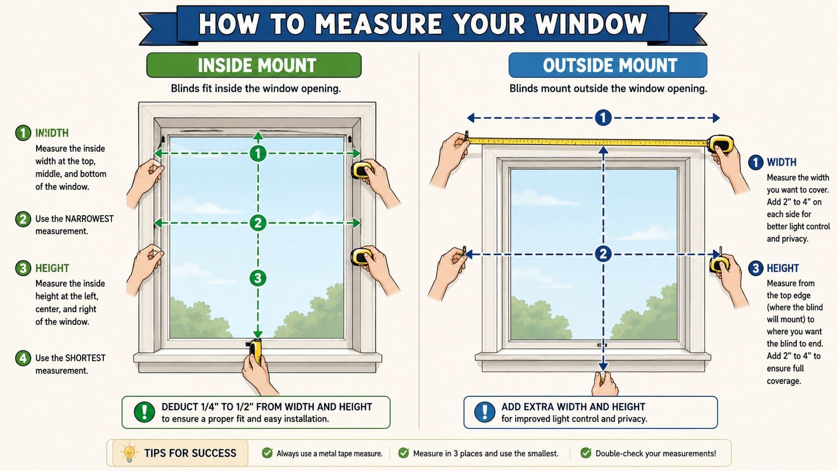 An infographic guide illustrating how to measure windows correctly for inside and outside mount blinds installations.