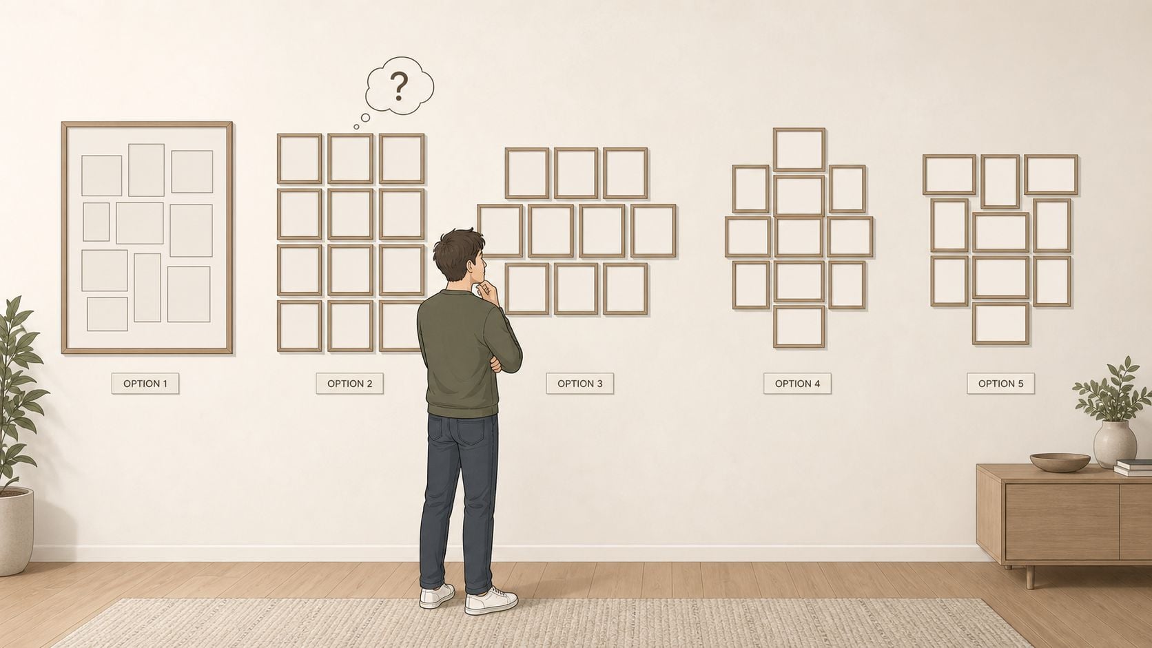 A man standing in a living room, thoughtfully considering five different gallery wall picture frame layout options.