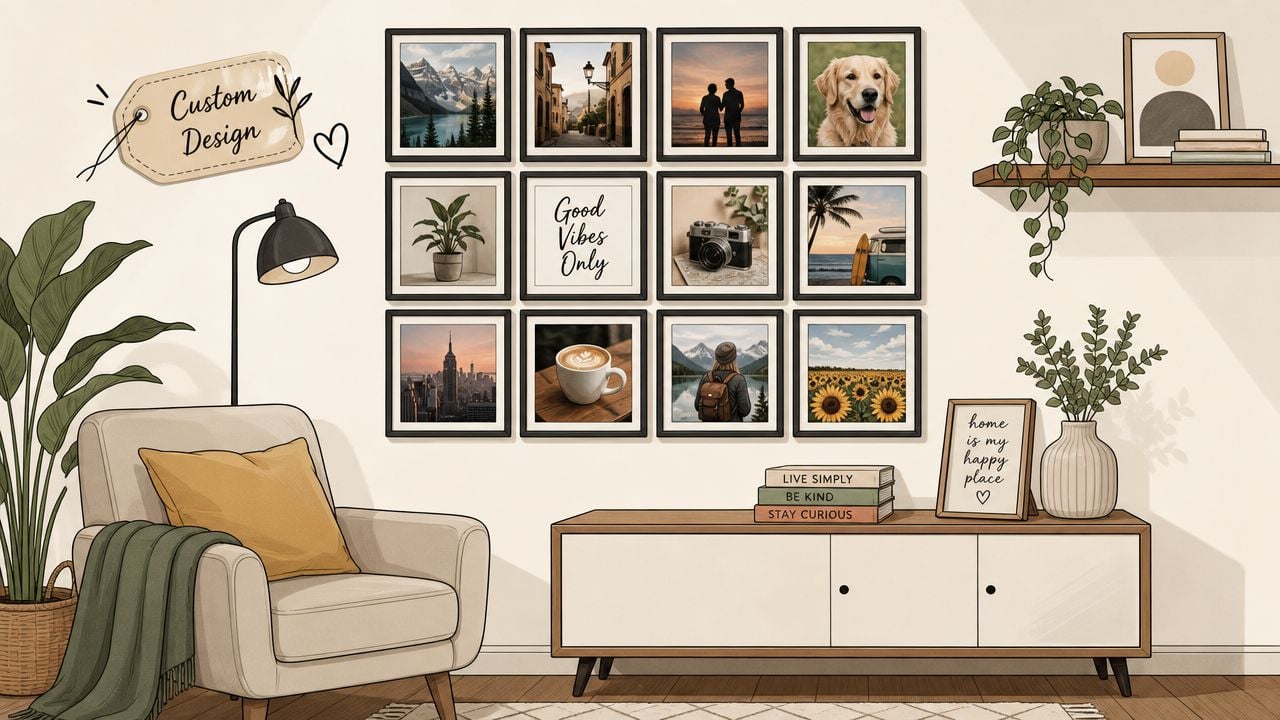 A cozy living room interior featuring a gallery wall of twelve framed pictures above a modern sideboard.