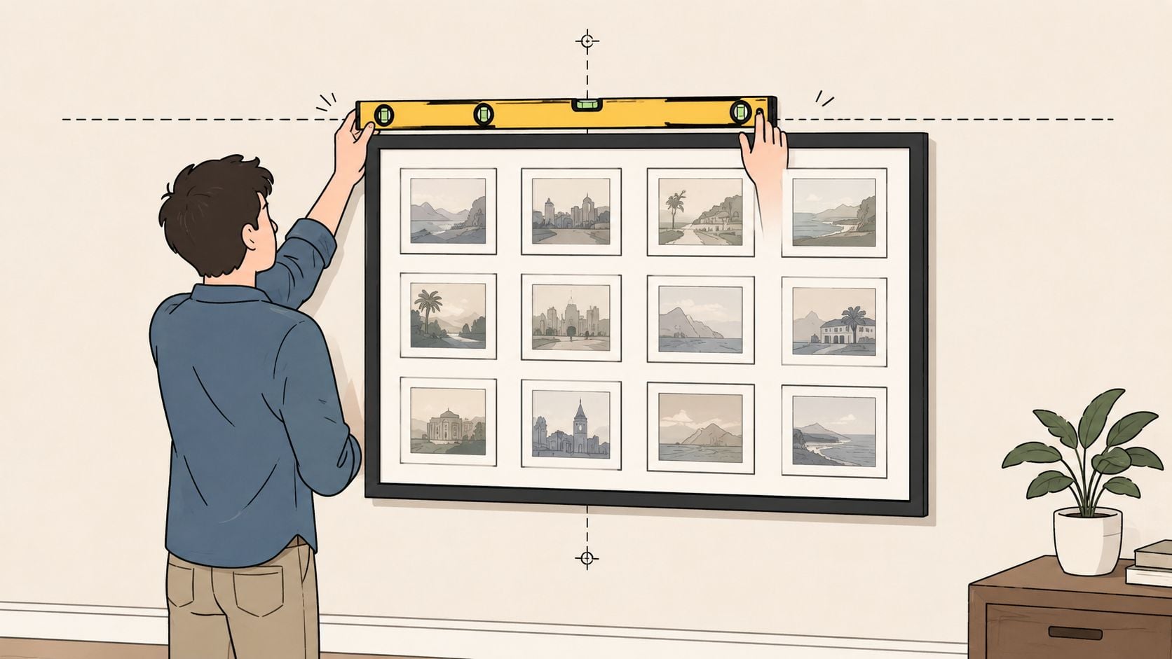 A man uses a spirit level to ensure a large frame with twelve pictures is hung straight.