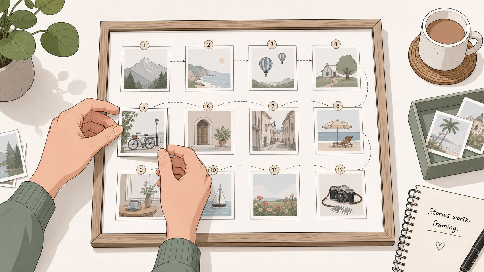 A person arranging twelve small picture frames on a board with a story-telling theme on a desk.