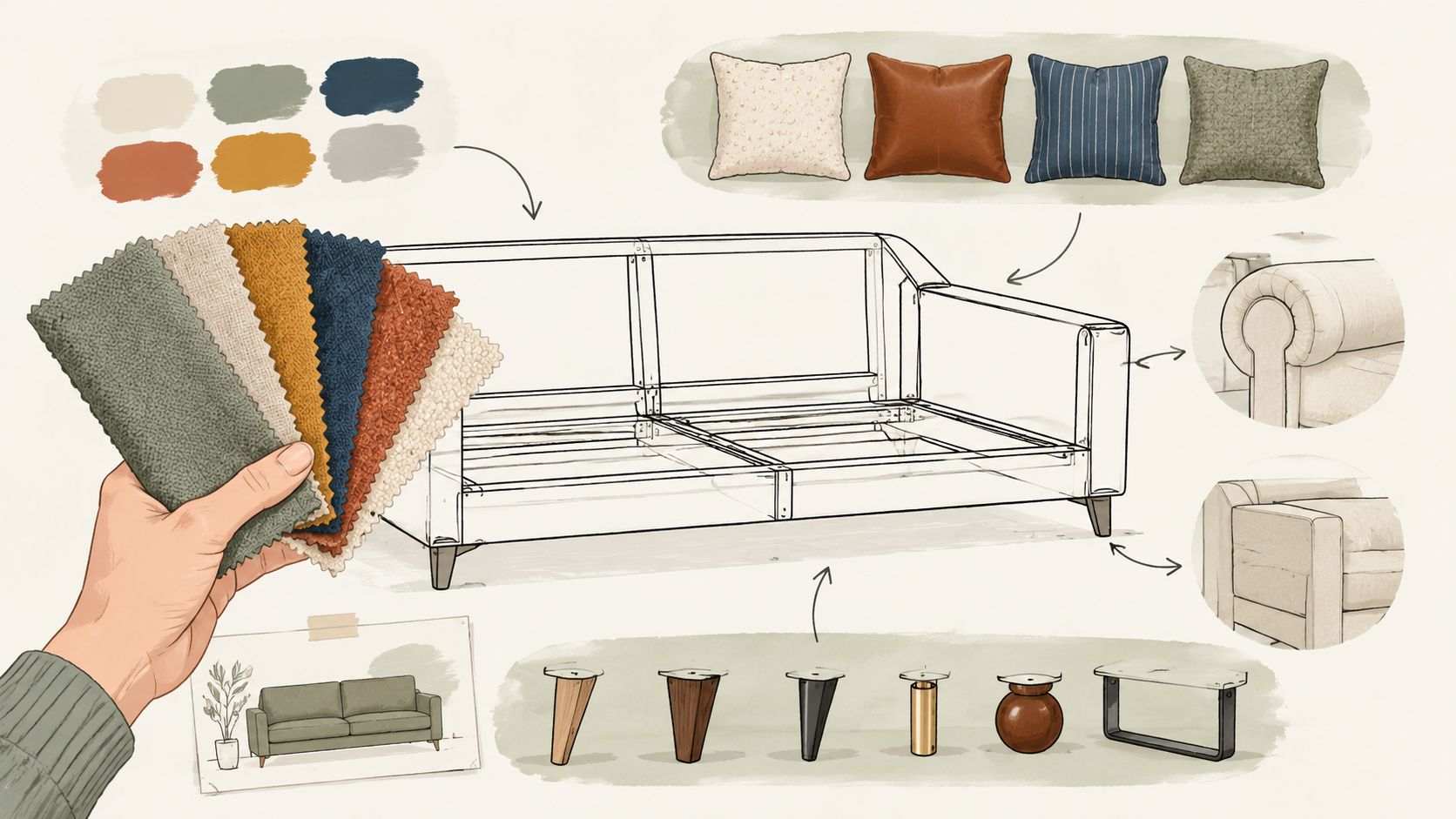 A design concept sketch showing fabric swatches, cushion options, leg styles, and a sofa frame design.