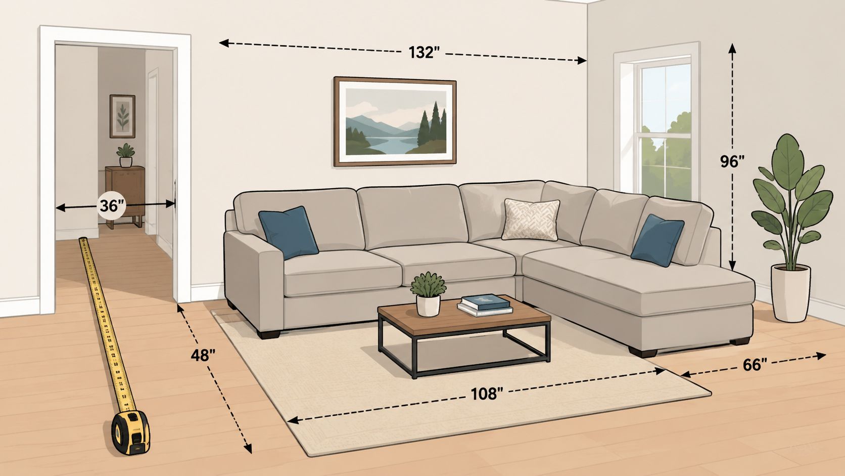 A diagram showing the dimensions of a beige section sofa living room setup with measurement lines.