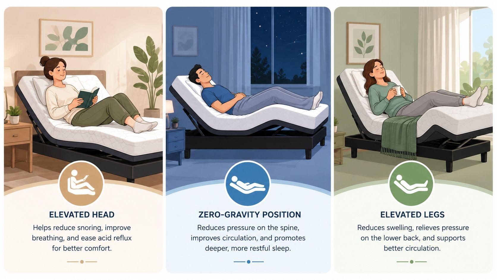 Three illustrations showing the health benefits of an adjustable base mattress with head, zero-gravity, and leg positions.