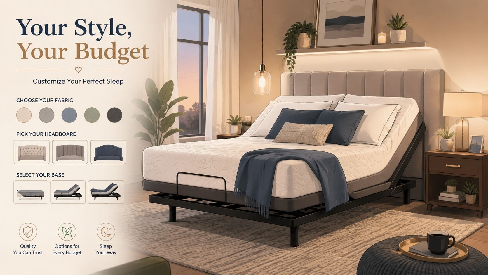 A modern adjustable base mattress in a cozy, well-lit bedroom with customization options displayed on the left.