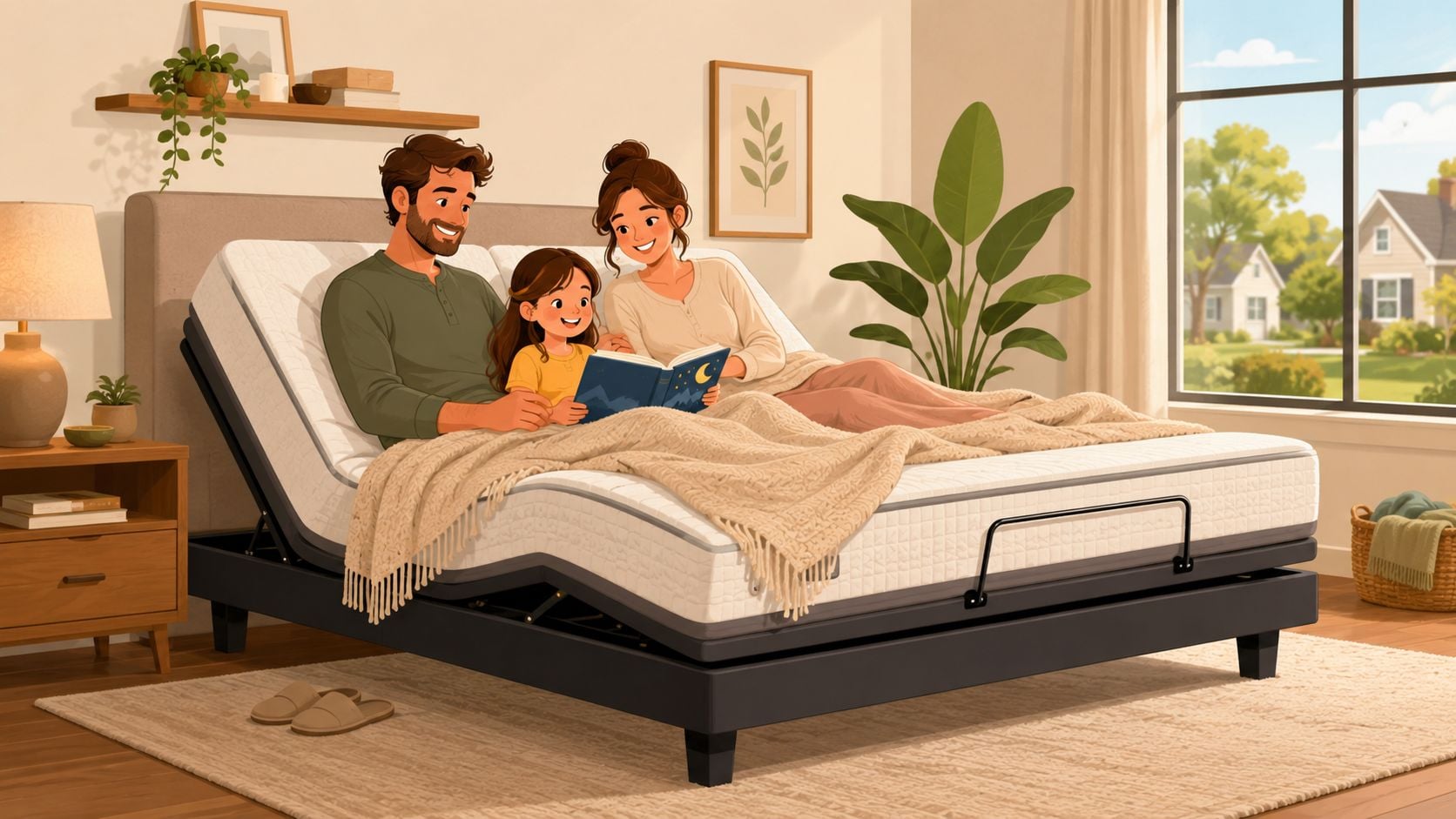 A happy family sitting together on a modern adjustable base mattress reading a bedtime storybook.