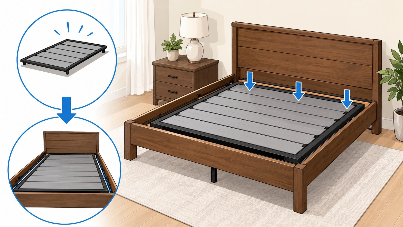 Illustration showing a metal bed frame being installed inside a wooden bed frame for a queen size bed.